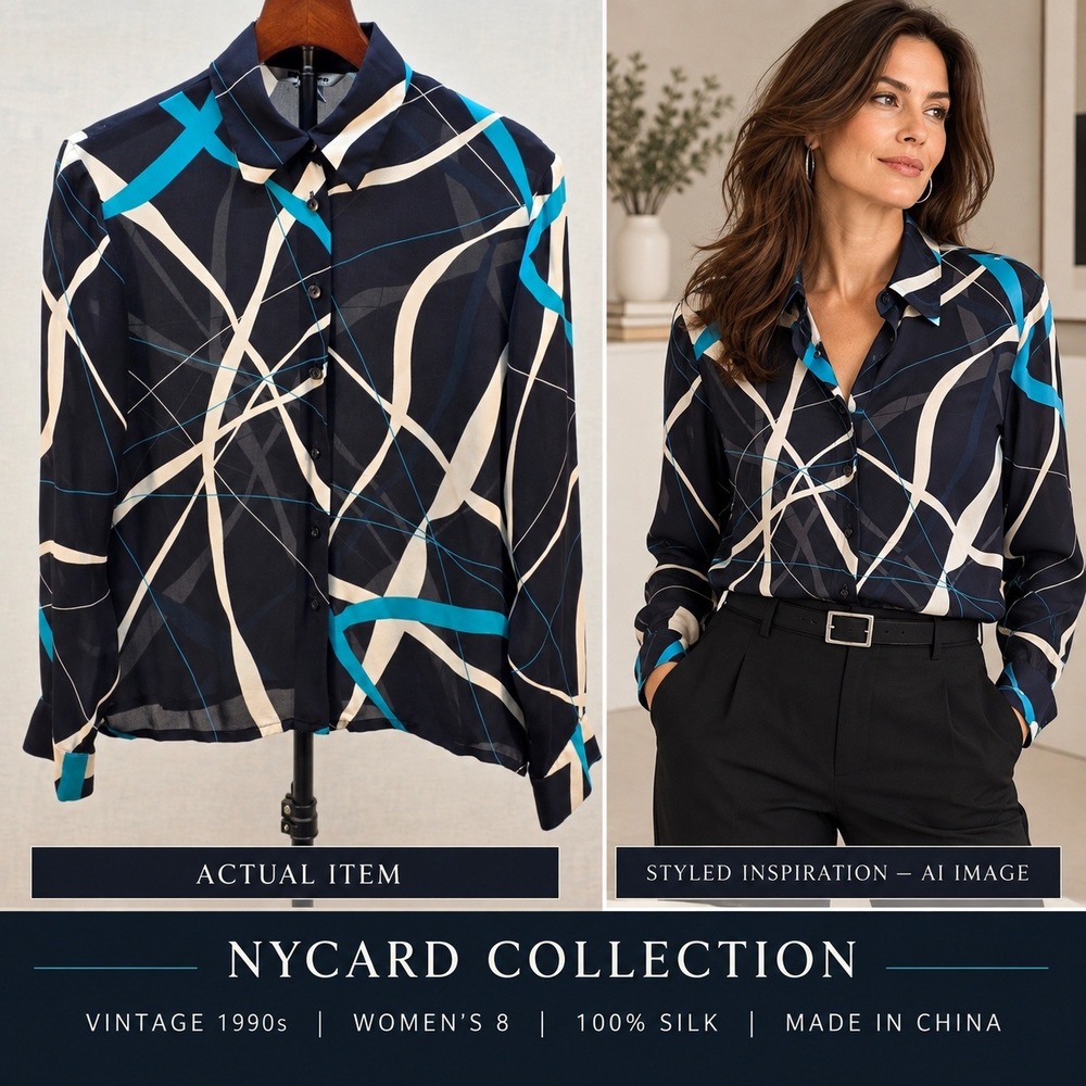 Nygard Collection Abstract Geometric 100% Silk Blouse Navy Teal White Sz8 LS